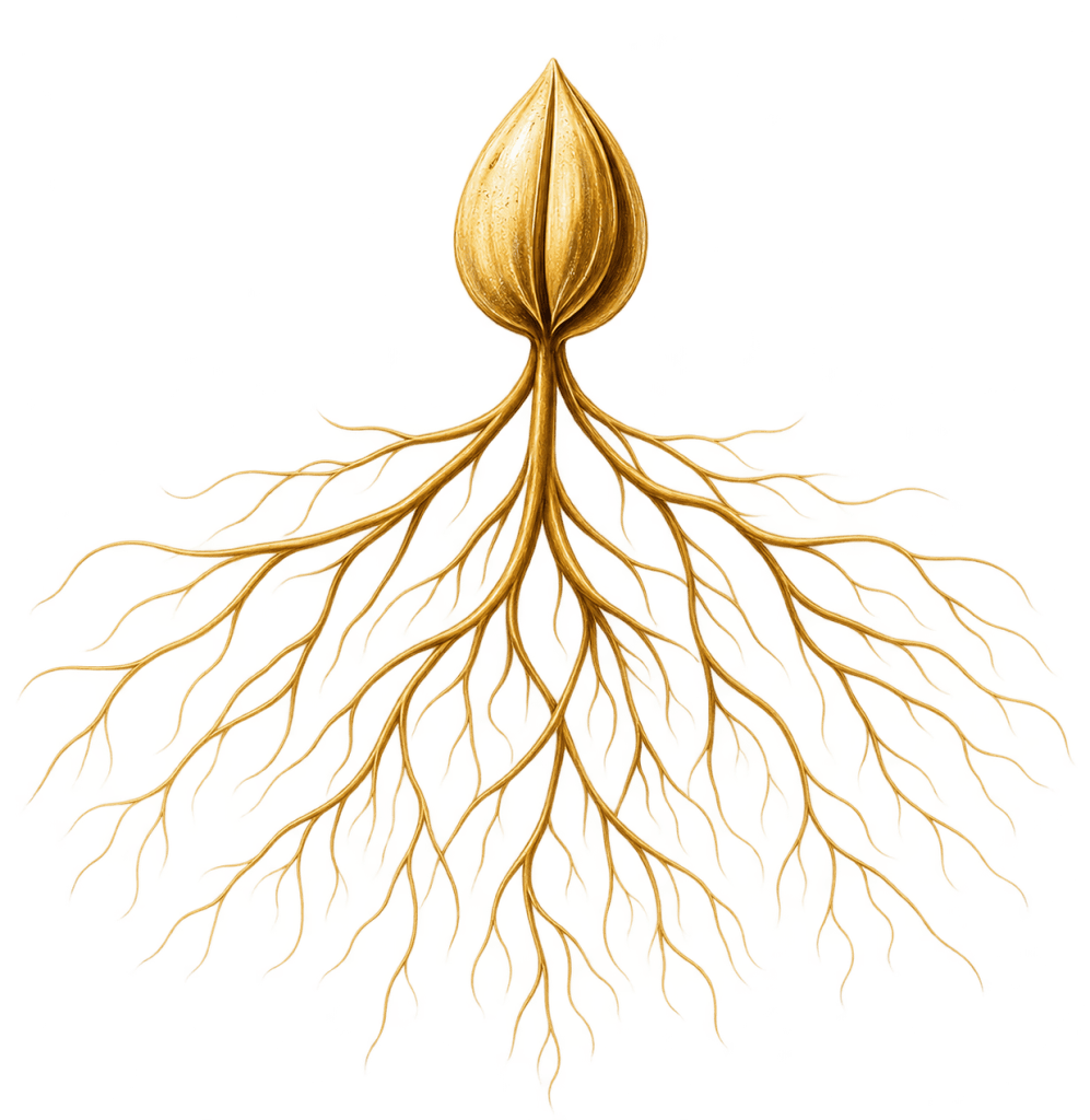 a seed with thing roots beginning to spread