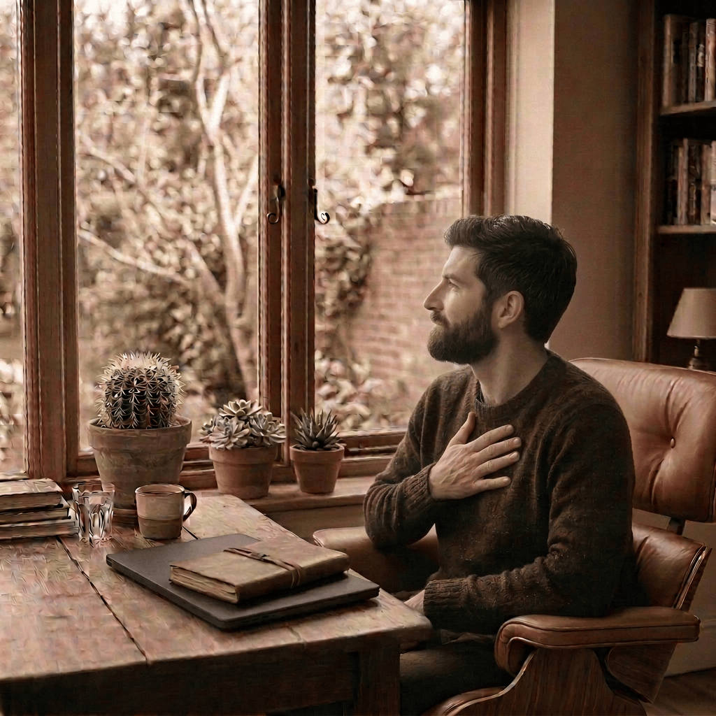 Man sitting thoughtfully beside a window with an open notebook and coffee