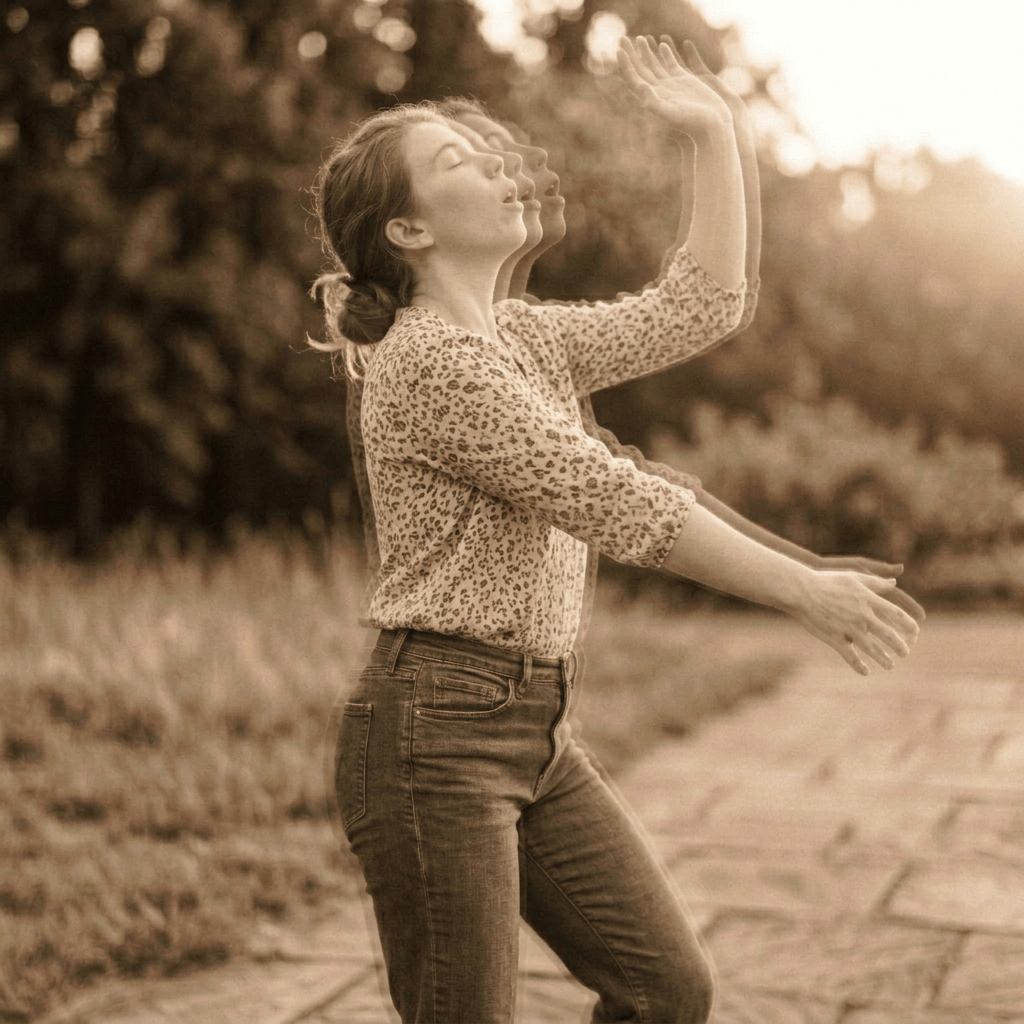 Woman walking along a wooded path in warm sepia light