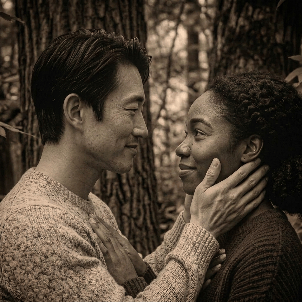 A man gently holds a tearful woman's face across a wooden table.